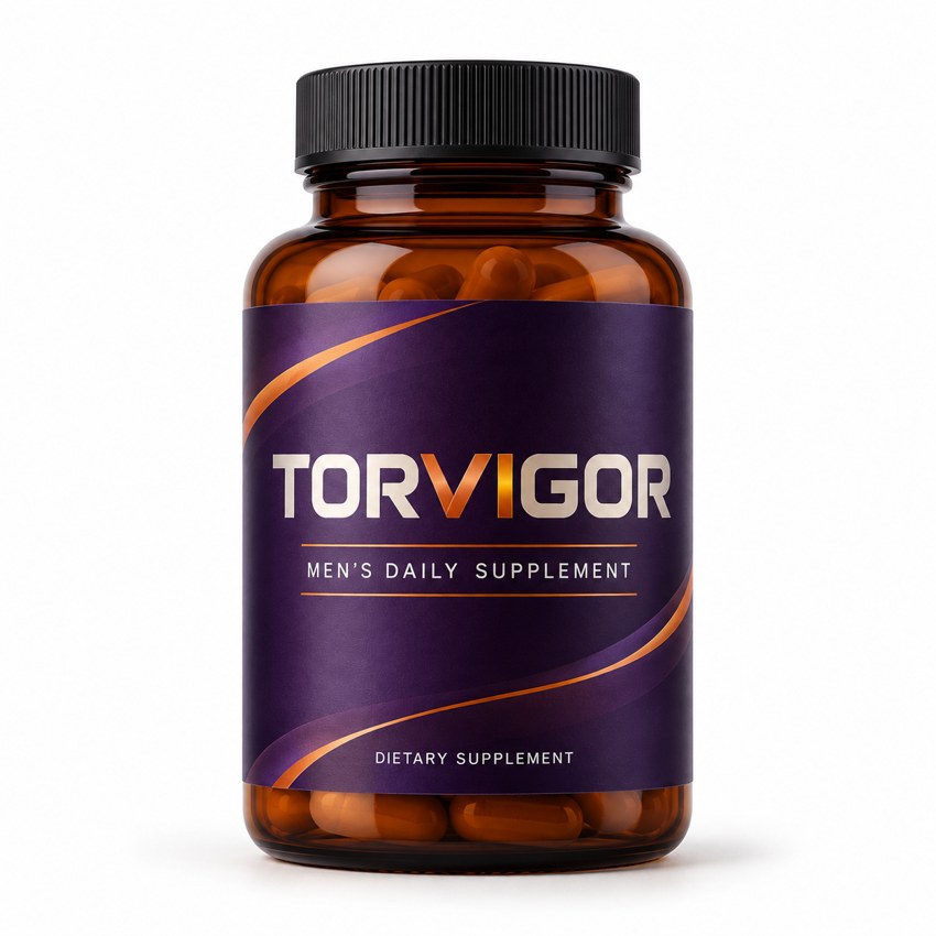 Conceptual TORVIGOR supplement bottle with a purple label
